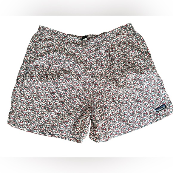 Vintage Patagonia Swim Trunks Bathing Suit Men’s Sz L Red Blue Print Shorts 5" - Picture 2 of 10